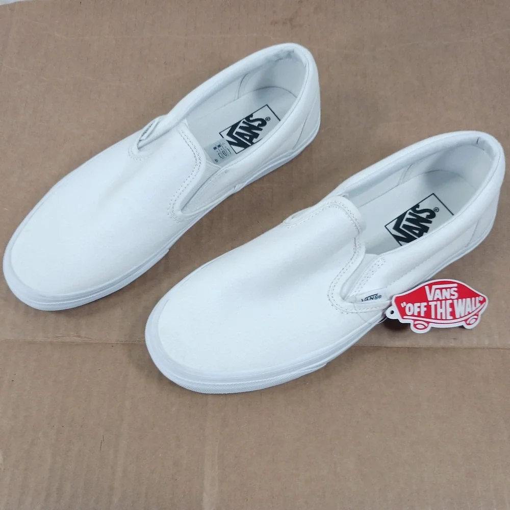 Vans Classic Slip-On White Canvas Sneakers Mens 8 Womens 9.5 VN000EYEB00
